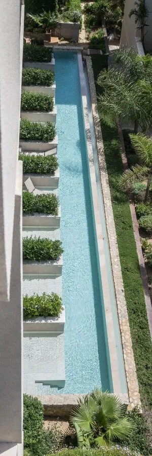 Piscina larga rodeada de jardines y plantas desde una vista a&eacute;rea.